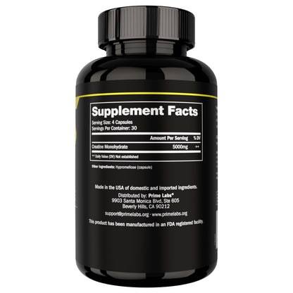 Prime Labs Creatine Monohydrate Capsules 5g - 120 Count | Muscle Growth, Recovery & Brain Function
