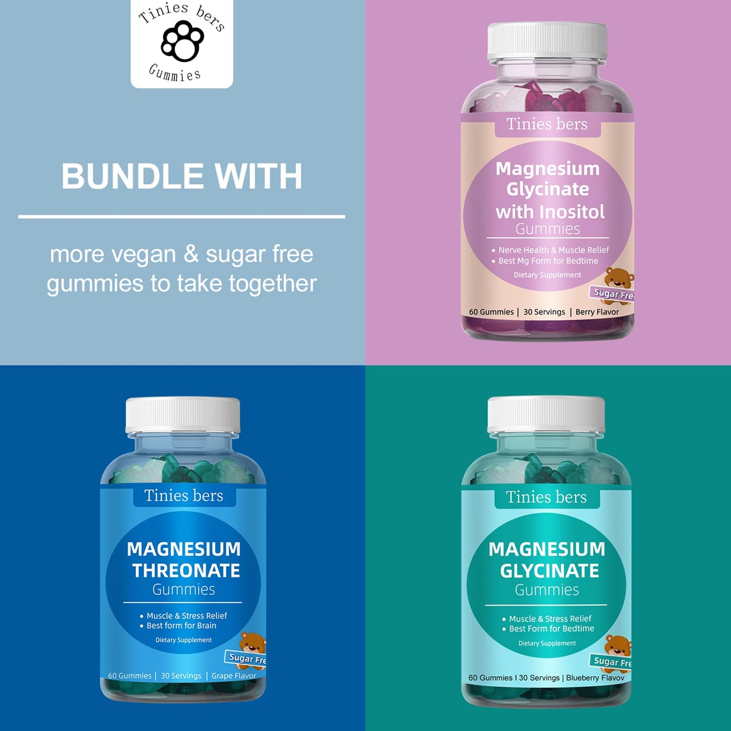Magnesium Glycinate Gummies 400mg + Inositol 500mg for Women – Sleep & Stress Support, Sugar Free, Gluten Free, Vegan | 60 Gummies