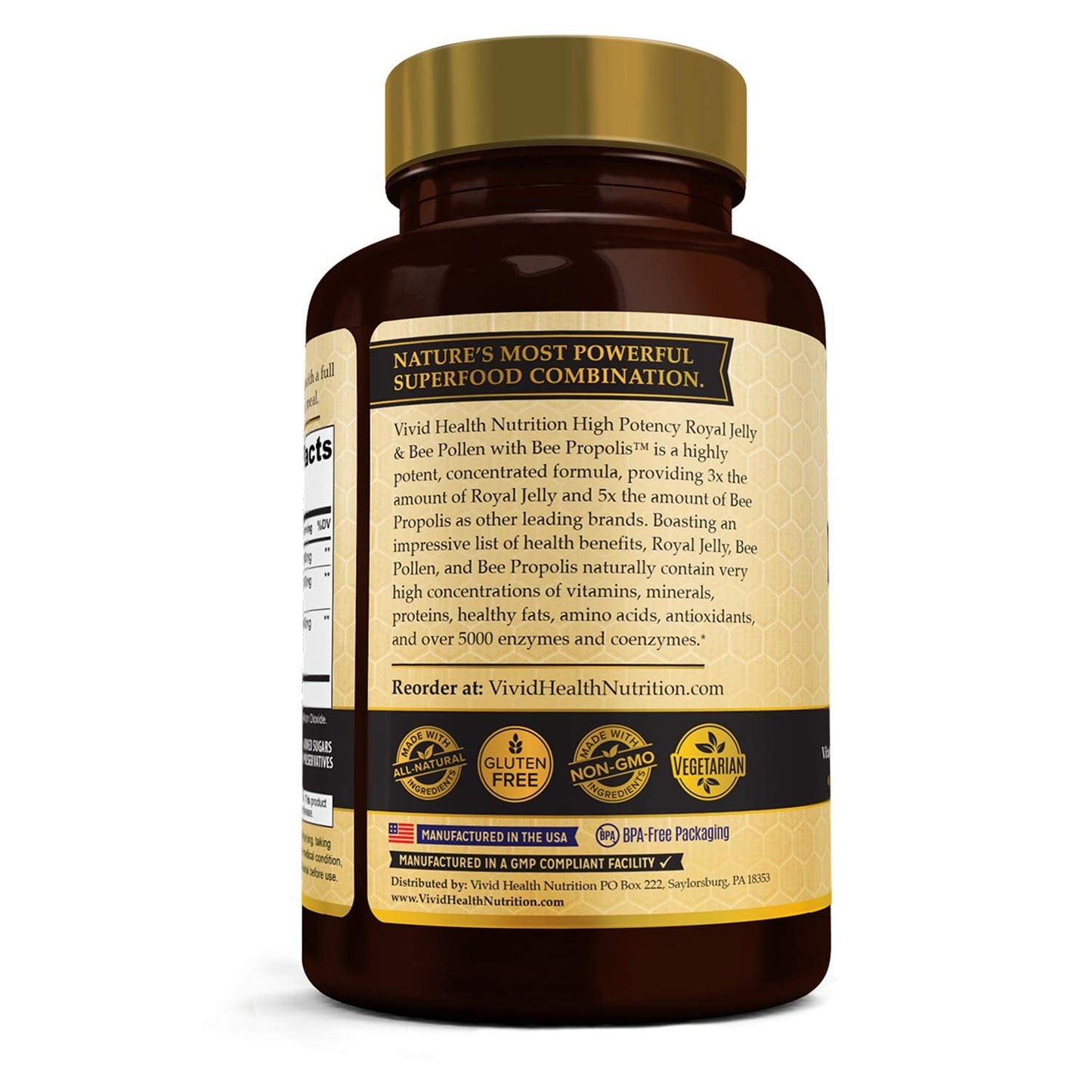 Vivid Health Nutrition Royal Jelly & Bee Pollen Capsules - High Potency, 90 Count