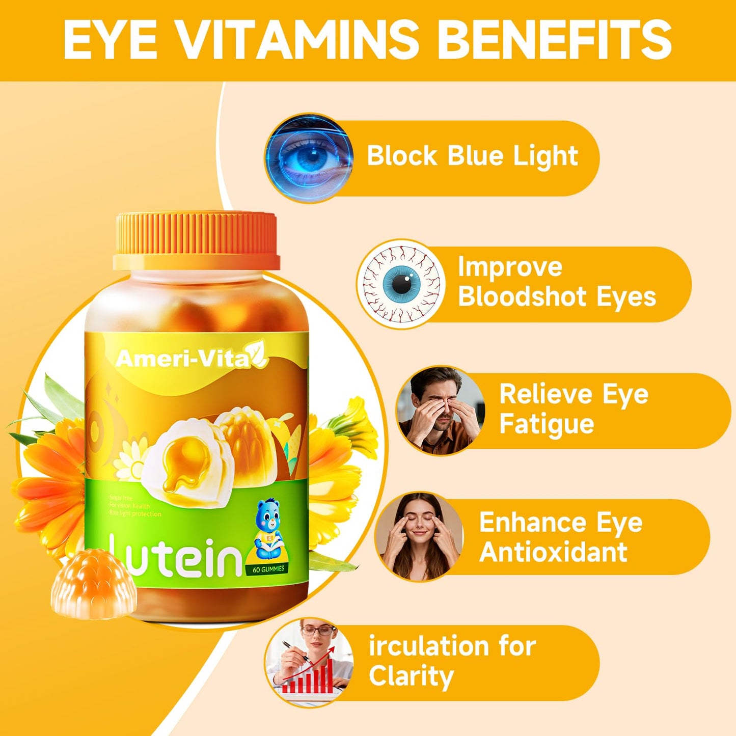 Sugar Free Lutein Gummies 5mg + 1mg Zeaxanthin for Eye Health – Orange Flavor, 60 Count