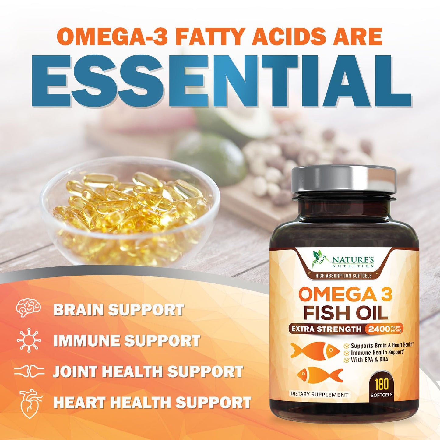 Omega 3 Fish Oil 2400 mg – Triple Strength EPA & DHA | Burpless Lemon, 180 Softgels