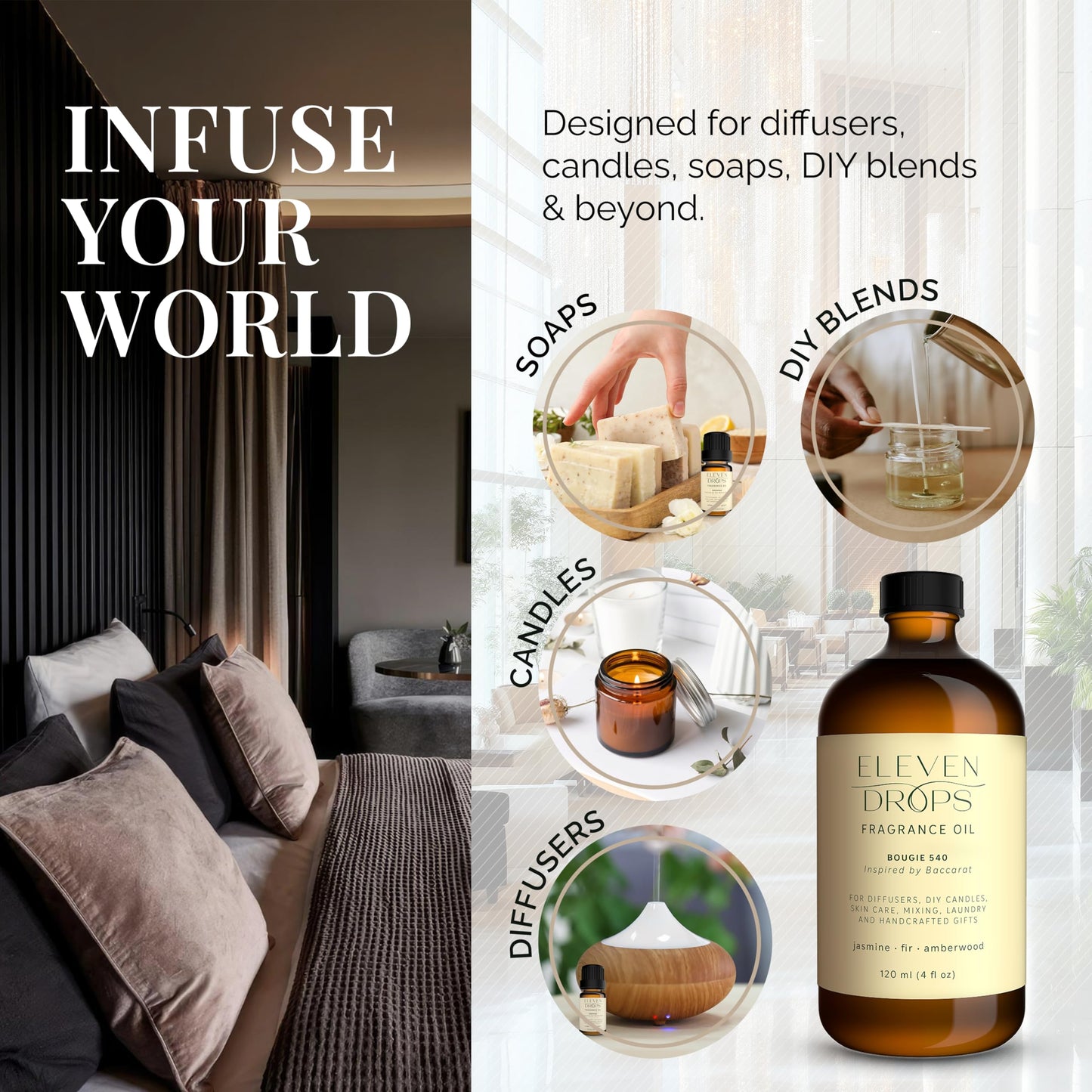 Bougie 540 Diffuser Oil – Amber & Jasmine (4 oz Glass Bottle) | Eleven Drops