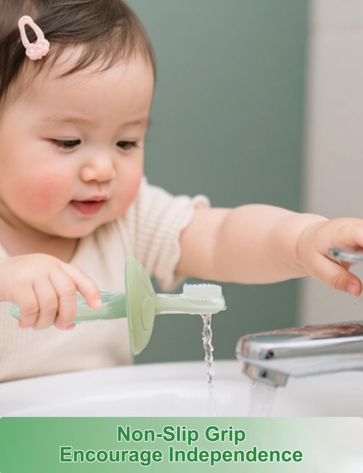 BOVELLA Baby Toothbrush & Teether – Ultra Soft Silicone (Green)