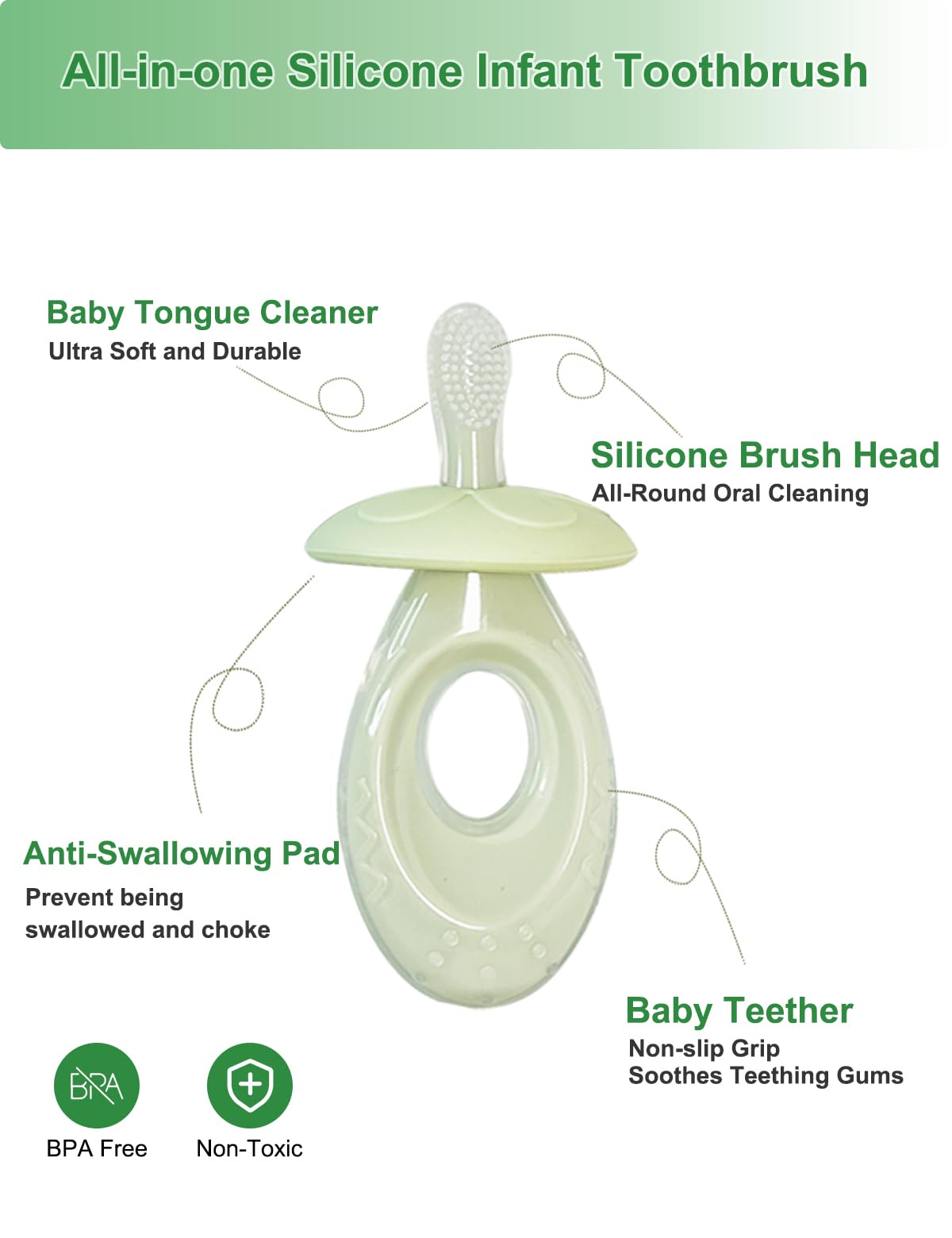 BOVELLA Baby Toothbrush & Teether – Ultra Soft Silicone (Green)