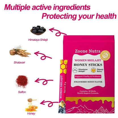 Shilajit Honey Sticks for Women – Strawberry Flavor | Energy, Balance & Focus | 30 Sticks