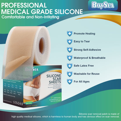 Boysea Professional Silicone Scar Sheets Roll 1.6x150 in | Reusable Scar Tape for Keloid, C-Section, Surgery, Burn & Acne