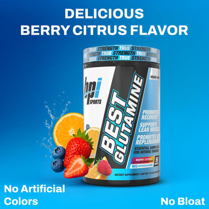BPI Sports Best Glutamine Supplement - L-Glutamine Powder for Gut Health, Muscle Recovery & Immune Support | 50 Servings Berry Citrus