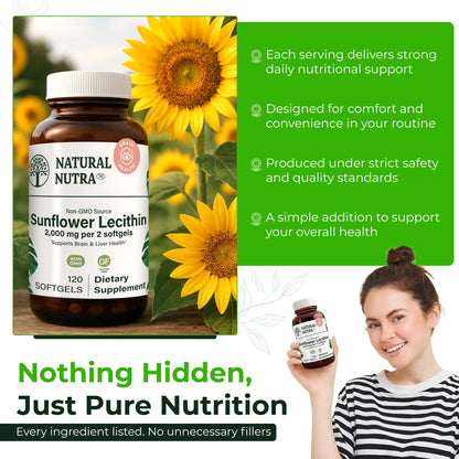 Natural Nutra Sunflower Lecithin 2000 mg | Supports Breastfeeding, Liver & Brain Health – Soy Free, Non-GMO, Gluten Free