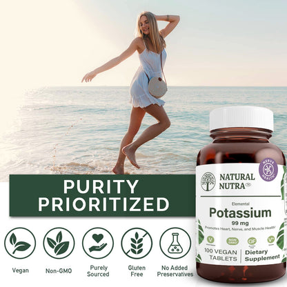 Natural Nutra Elemental Potassium Gluconate 99 mg – Dietary Supplement, 100 Vegan Tablets