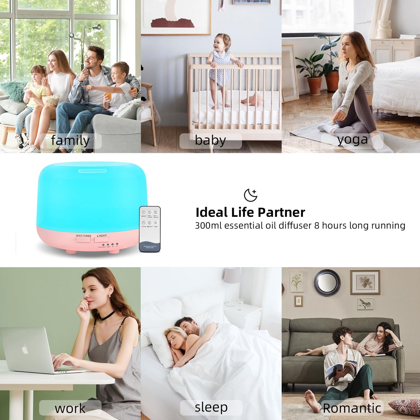 300ML Essential Oil Diffuser with Remote – Pink Ultrasonic Aroma Diffuser