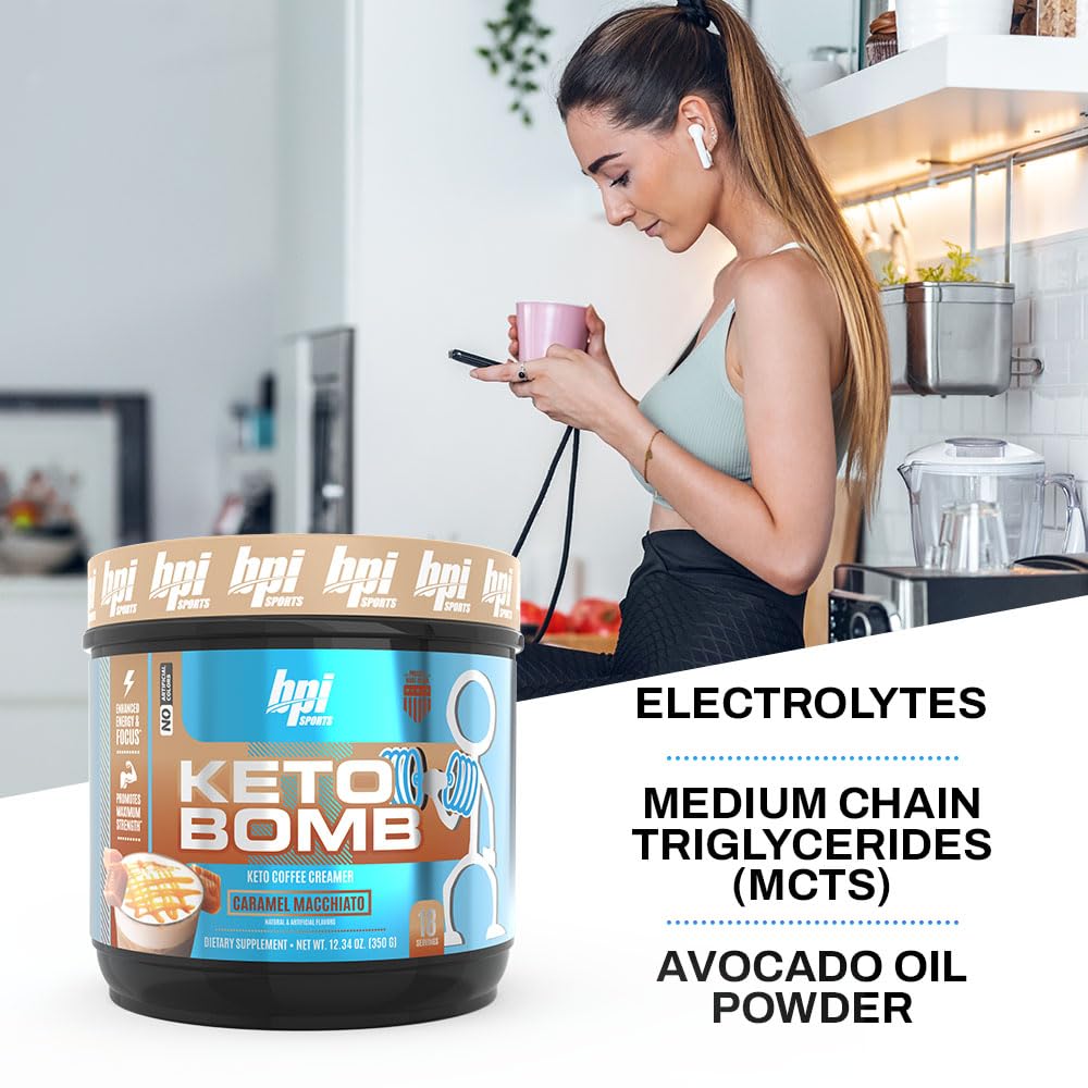 BPI Sports Keto Bomb Coffee Creamer – Caramel Macchiato, 18 Servings | Keto, MCT & Electrolytes