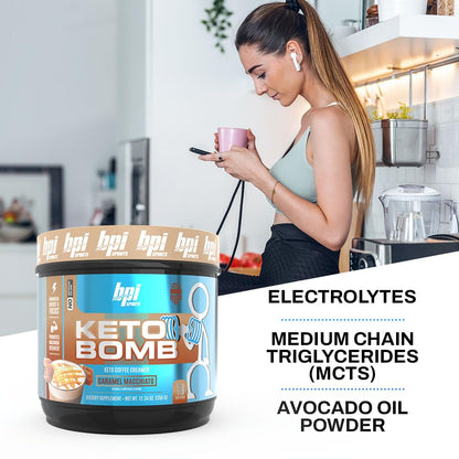 BPI Sports Keto Bomb Coffee Creamer – Caramel Macchiato, 18 Servings | Keto, MCT & Electrolytes