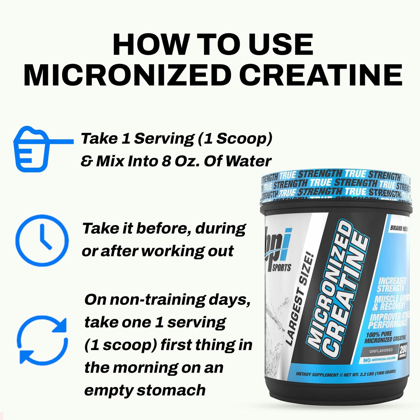 BPI Sports Micronized Creatine Monohydrate – Unflavored Powder, 200 Servings