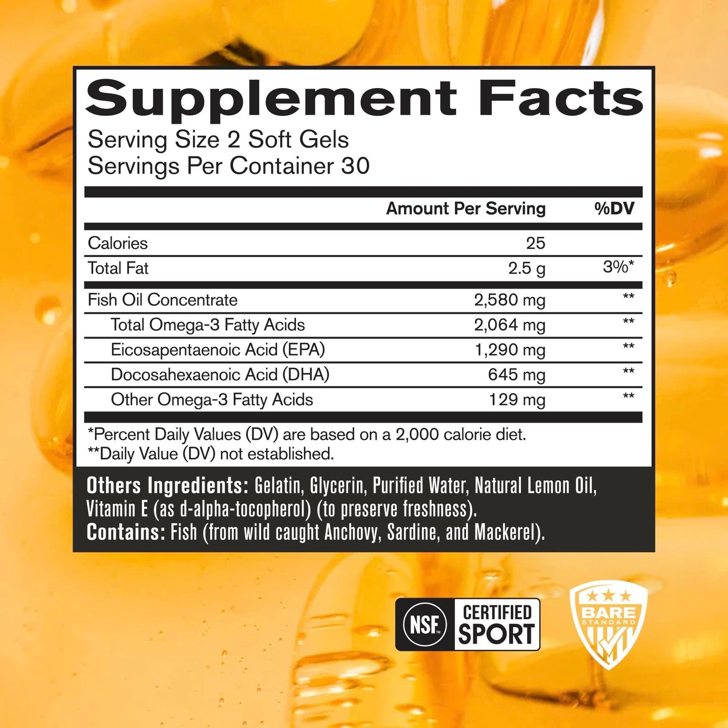 BARE PERFORMANCE NUTRITION BPN Strong Omega Fish Oil Soft Gel – 1290mg per Capsule, Wild-Caught, IFOS Certified
