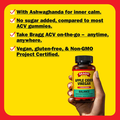Bragg Daily Balance ACV + Sensoril Ashwagandha Capsules - 750mg Acetic Acid, 90 Pills
