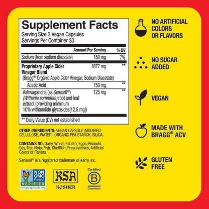 Bragg Daily Balance ACV + Sensoril Ashwagandha Capsules - 750mg Acetic Acid, 90 Pills