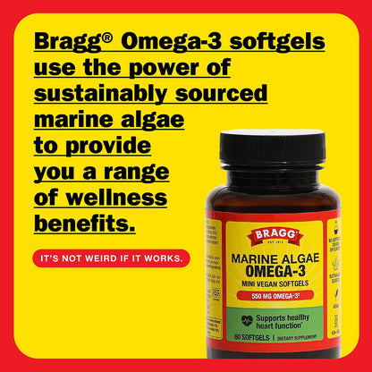 Bragg Omega-3 Vegan Softgels with DHA & EPA – Marine Algae, Eye & Brain Health
