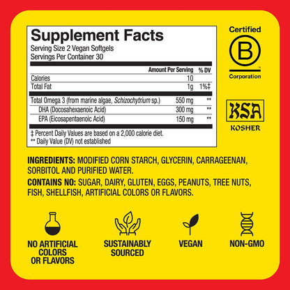 Bragg Omega-3 Vegan Softgels with DHA & EPA – Marine Algae, Eye & Brain Health