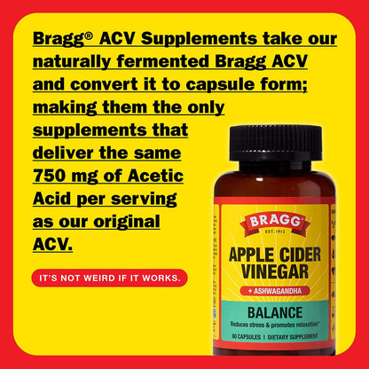 Bragg Daily Balance ACV + Sensoril Ashwagandha Capsules - 750mg Acetic Acid, 90 Pills