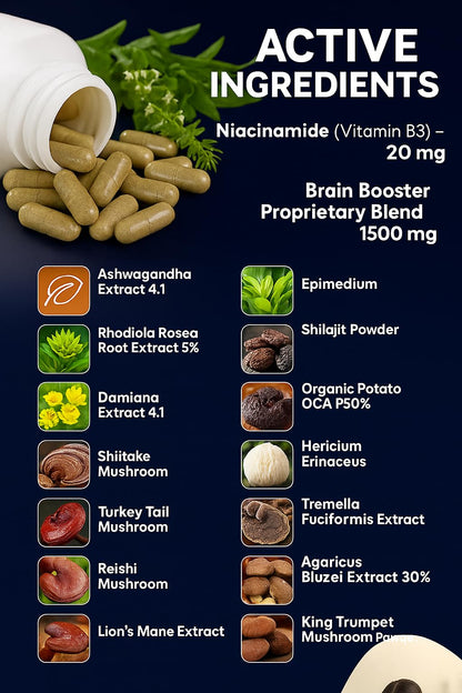 Brain Booster 38 Factor – Premium Nootropic with Adaptogens, Mushrooms & Vitamin B3 | 90 Capsules