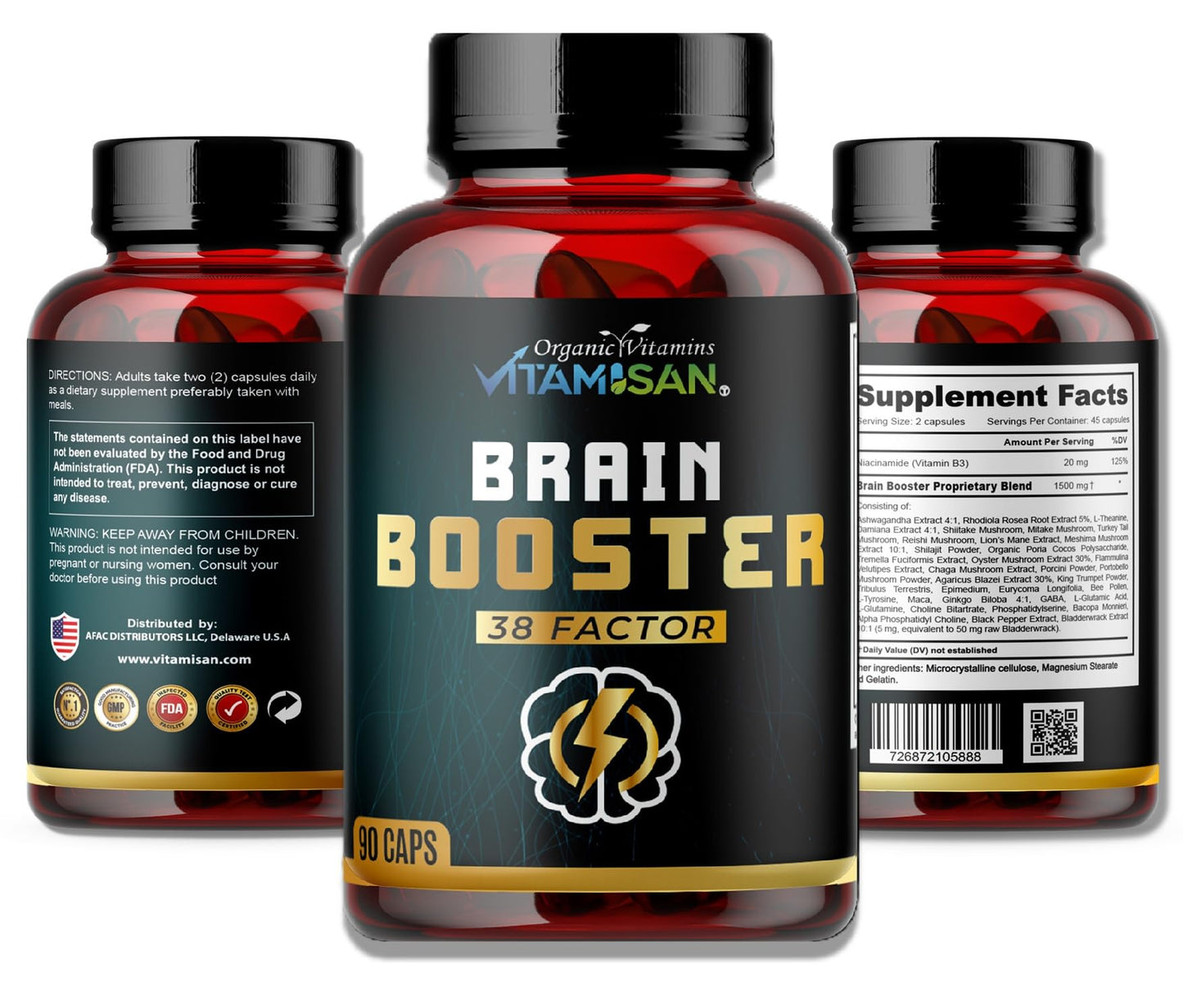 Brain Booster 38 Factor – Premium Nootropic with Adaptogens, Mushrooms & Vitamin B3 | 90 Capsules