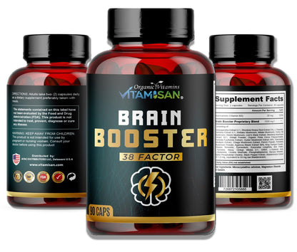 Brain Booster 38 Factor – Premium Nootropic with Adaptogens, Mushrooms & Vitamin B3 | 90 Capsules