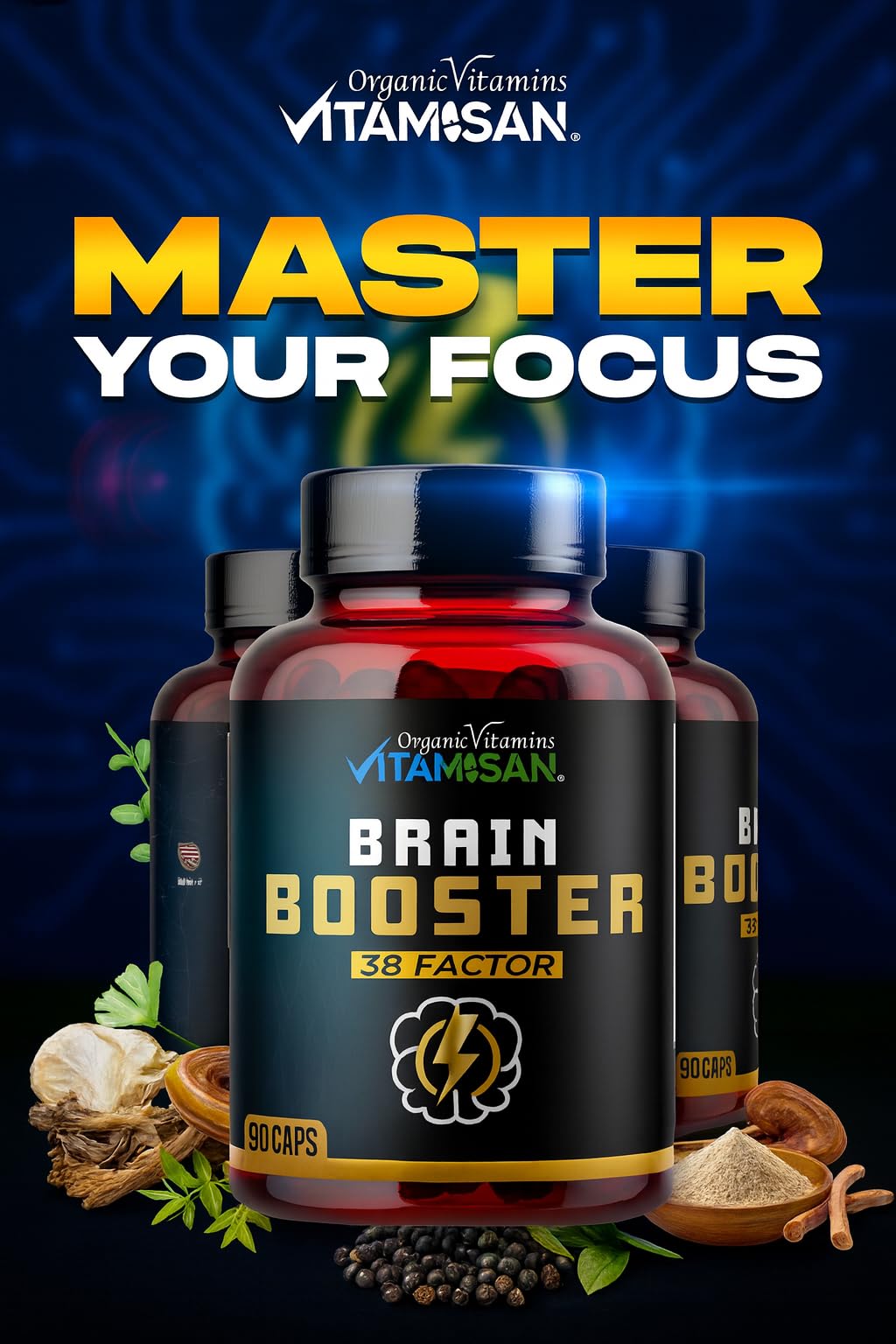 Brain Booster 38 Factor – Premium Nootropic with Adaptogens, Mushrooms & Vitamin B3 | 90 Capsules