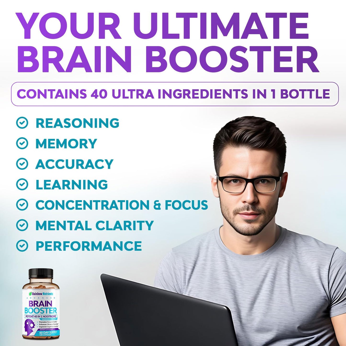 40-in-1 Brain Booster for Memory, Focus & Clarity | Natural Nootropic Brain Support with DMAE, Bacopa Monnieri – 120 V Capsules