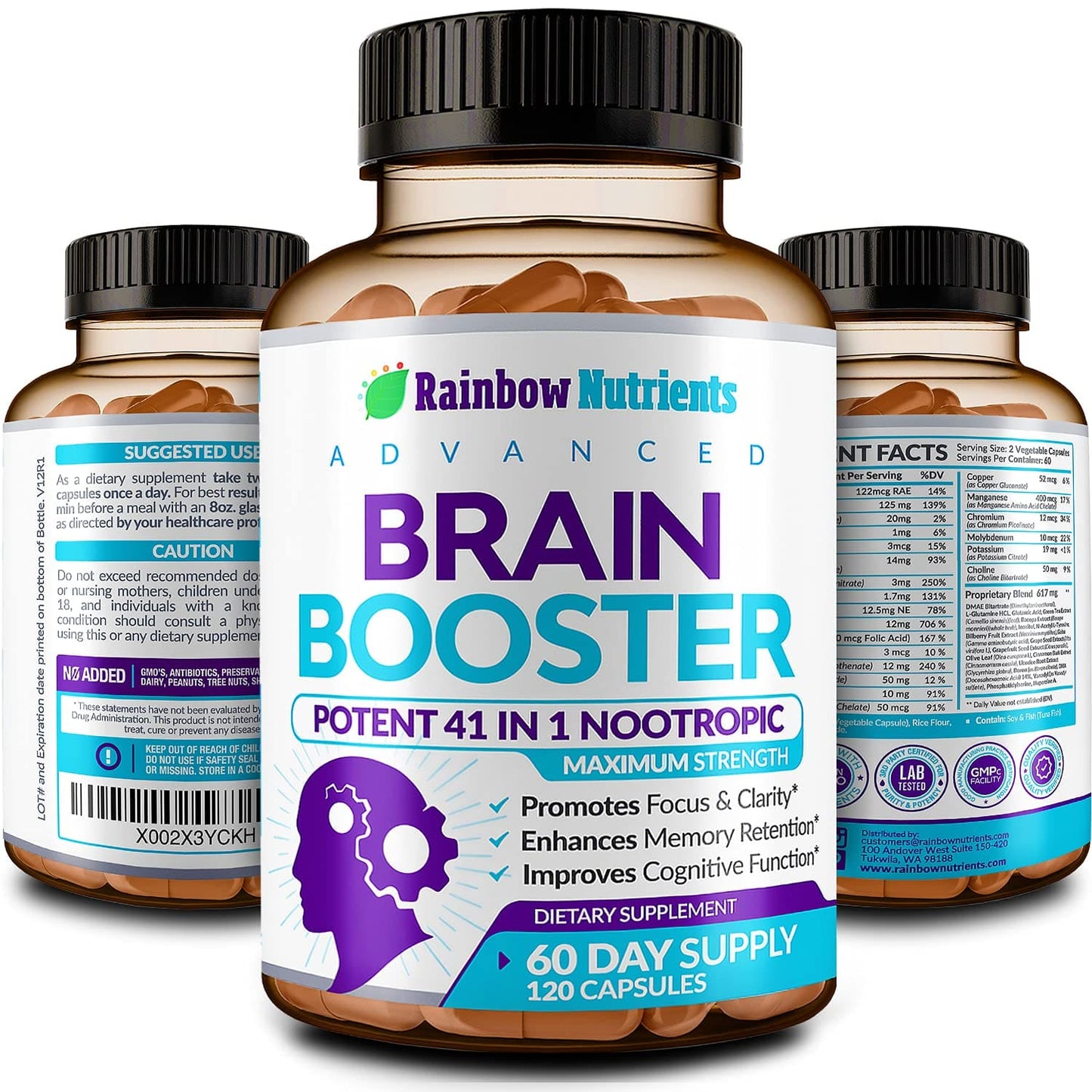 40-in-1 Brain Booster for Memory, Focus & Clarity | Natural Nootropic Brain Support with DMAE, Bacopa Monnieri – 120 V Capsules