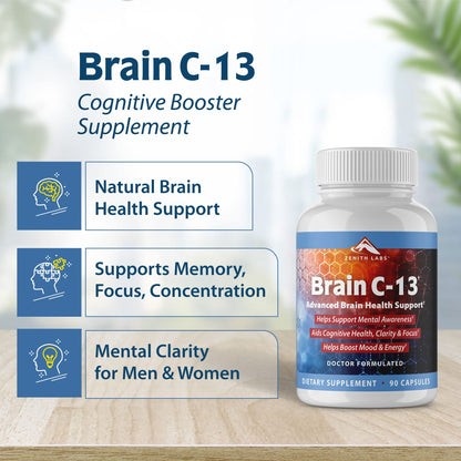 Brain C-13 Cognitive Booster by Zenith Labs – Natural Brain Health Support for Memory, Focus & Mental Clarity (Men & Women)