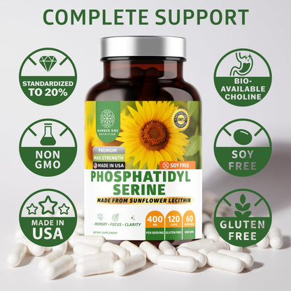 Number One Nutrition Phosphatidylserine 400mg – Sunflower Lecithin, Soy Free, 120 Veg Caps