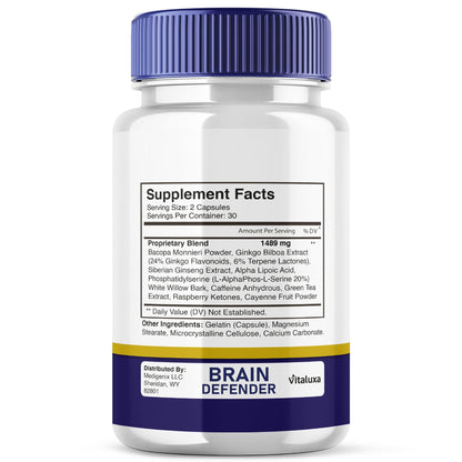 Brain Defender Supplement – Focus & Memory Nootropic Capsules (60 Count)