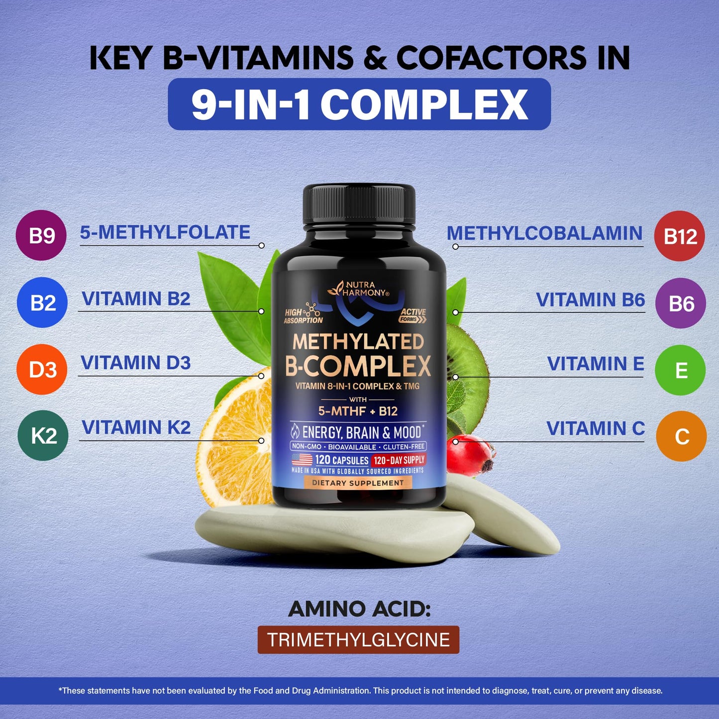 Vitamin B Complex Methylated – 9-in-1 B Vitamins for Energy, Brain & Mood | Vegan | Made in USA | 120 Capsules