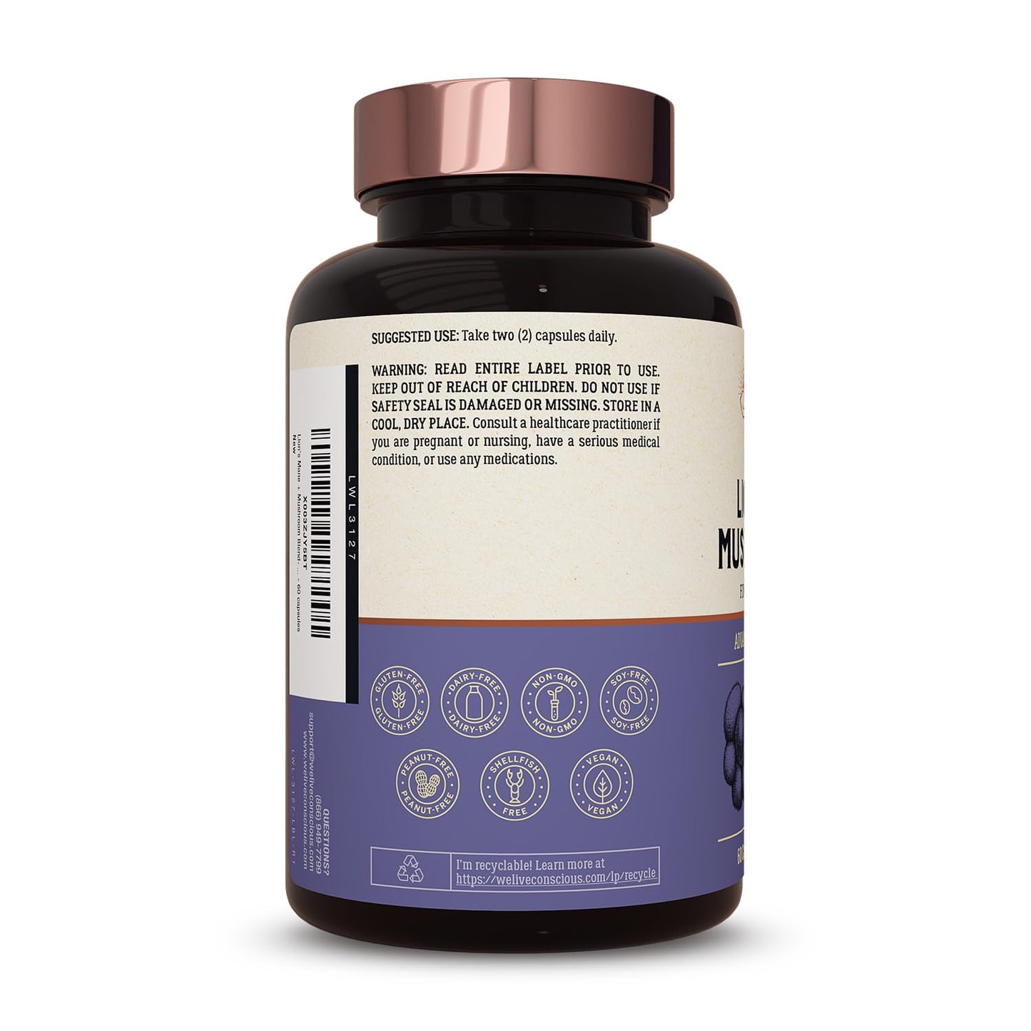 Live Conscious Lions Mane Mushroom Supplement Capsules for Brain Support - Lion's Mane, Cordyceps, Reishi & Turkey Tail