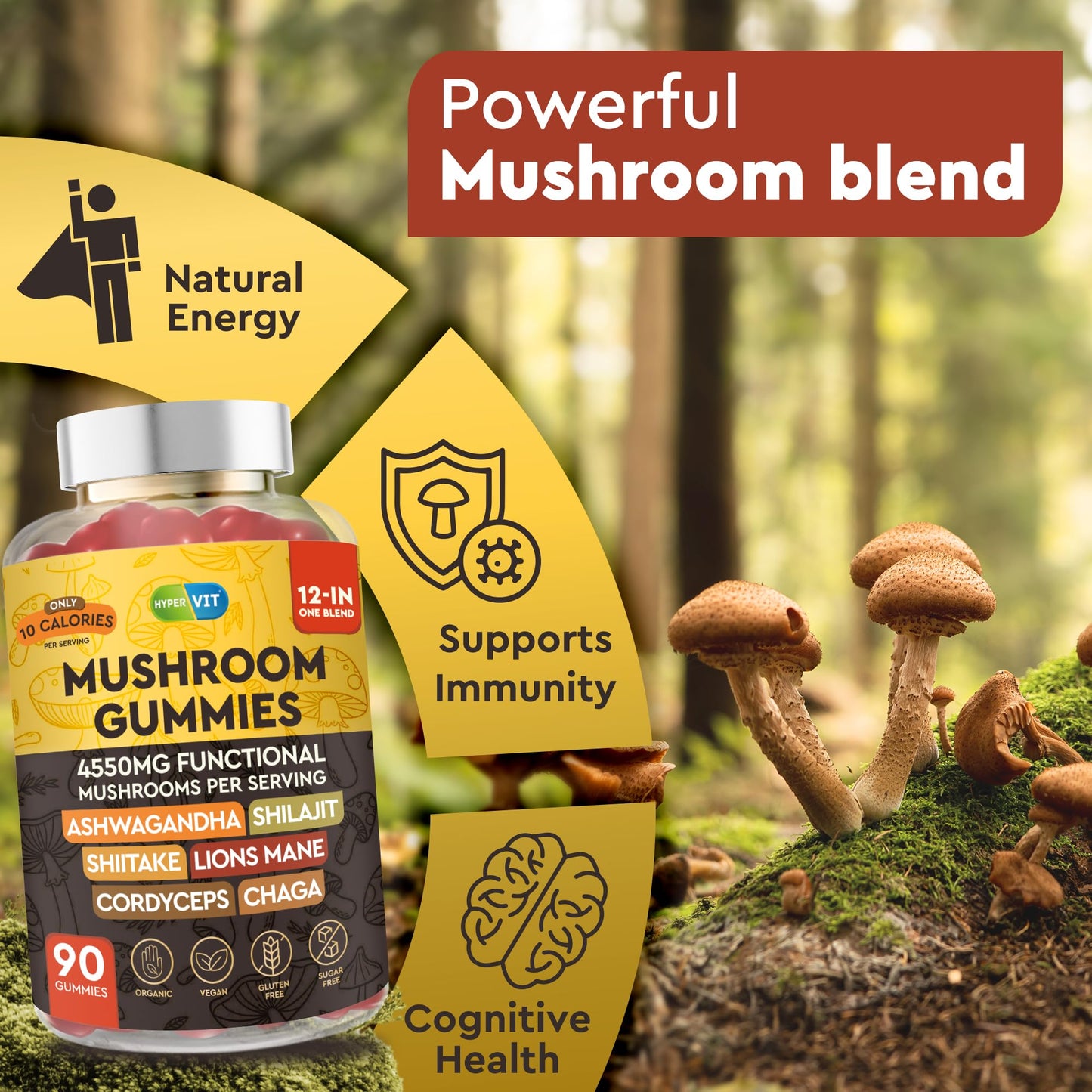 12in1 Mushroom Gummies 4550mg with Ashwagandha & Shilajit – Sugar Free, 90 Count (45 Servings) | Energy & Focus
