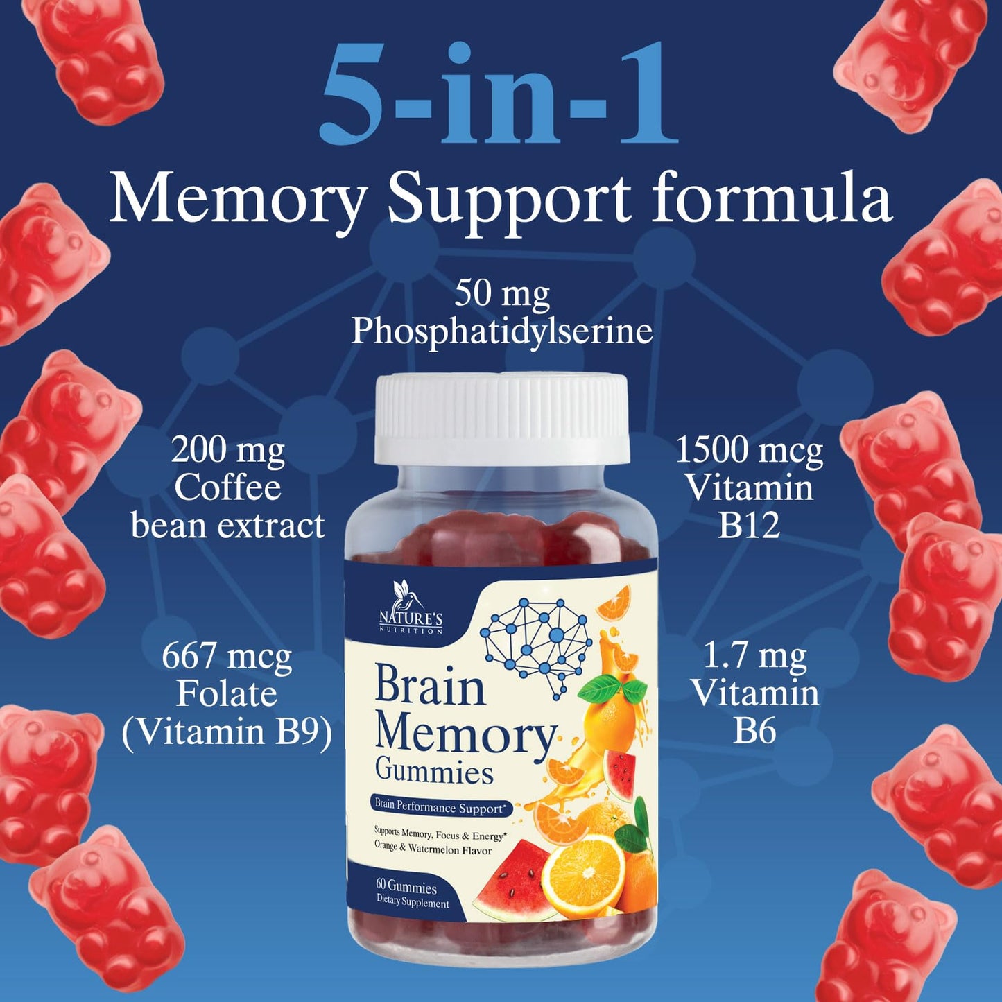 Brain Gummies for Memory & Focus – Phosphatidylserine, B6 & B12 (60 Gummies)