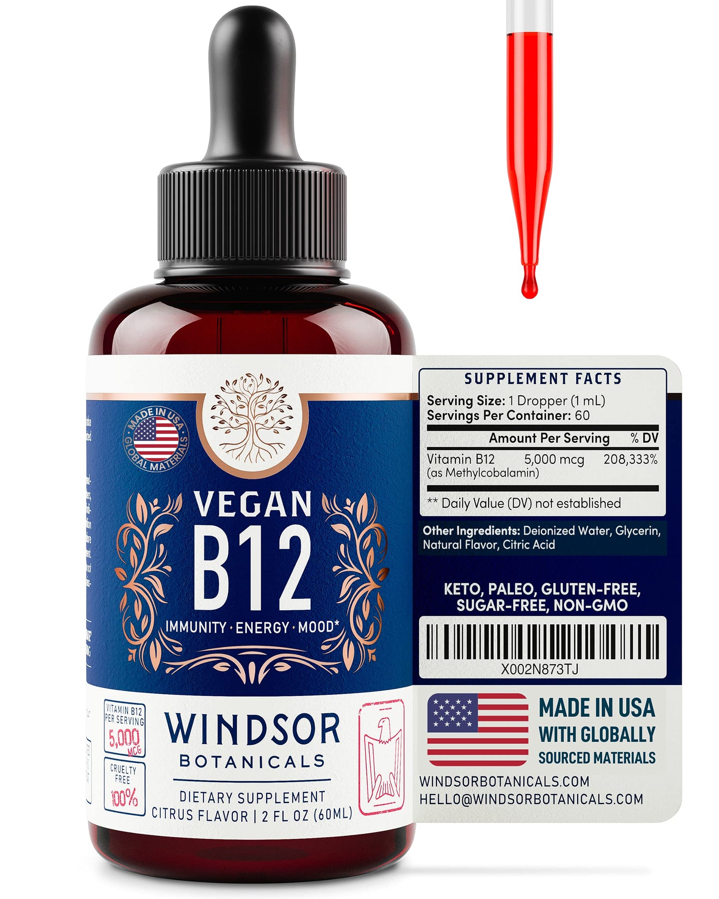 Vegan Vitamin B12 Liquid 5000 mcg | Sublingual Methylcobalamin Drops - 2oz