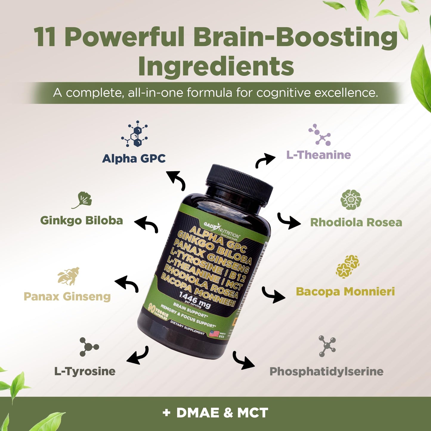 Gade Nutrition Alpha GPC + Ginkgo Biloba + Panax Ginseng + L-Tyrosine, L-Theanine, Bacopa Monnieri, Rhodiola Rosea, B12, MCT