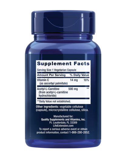 Acetyl-L-Carnitine with Vitamin C for Brain & Nerve Health | 3-Month Supply | Gluten-Free, Non-GMO, Vegetarian | 100 Capsules