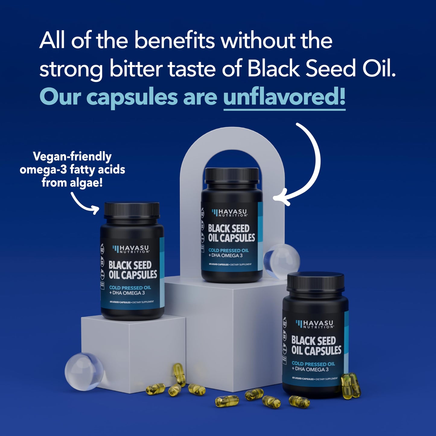 Black Seed Oil with DHA for Brain Health – Cold Pressed Black Cumin Seed Oil, DHA Omega-3 (60 Capsules) – Vegan, Non-GMO, Gluten-Free, 1 Month Supply