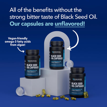 Black Seed Oil with DHA for Brain Health – Cold Pressed Black Cumin Seed Oil, DHA Omega-3 (60 Capsules) – Vegan, Non-GMO, Gluten-Free, 1 Month Supply