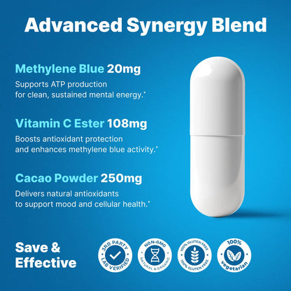 Ultimate Methylene Blue Capsules For Humans 20mg - Focus Fuel and Memory Vitamins | Blue Methylene Pharmaceutical Grade 2% - Memory Supplements and Brain Booster Supplement | Energy Pills 60 Count