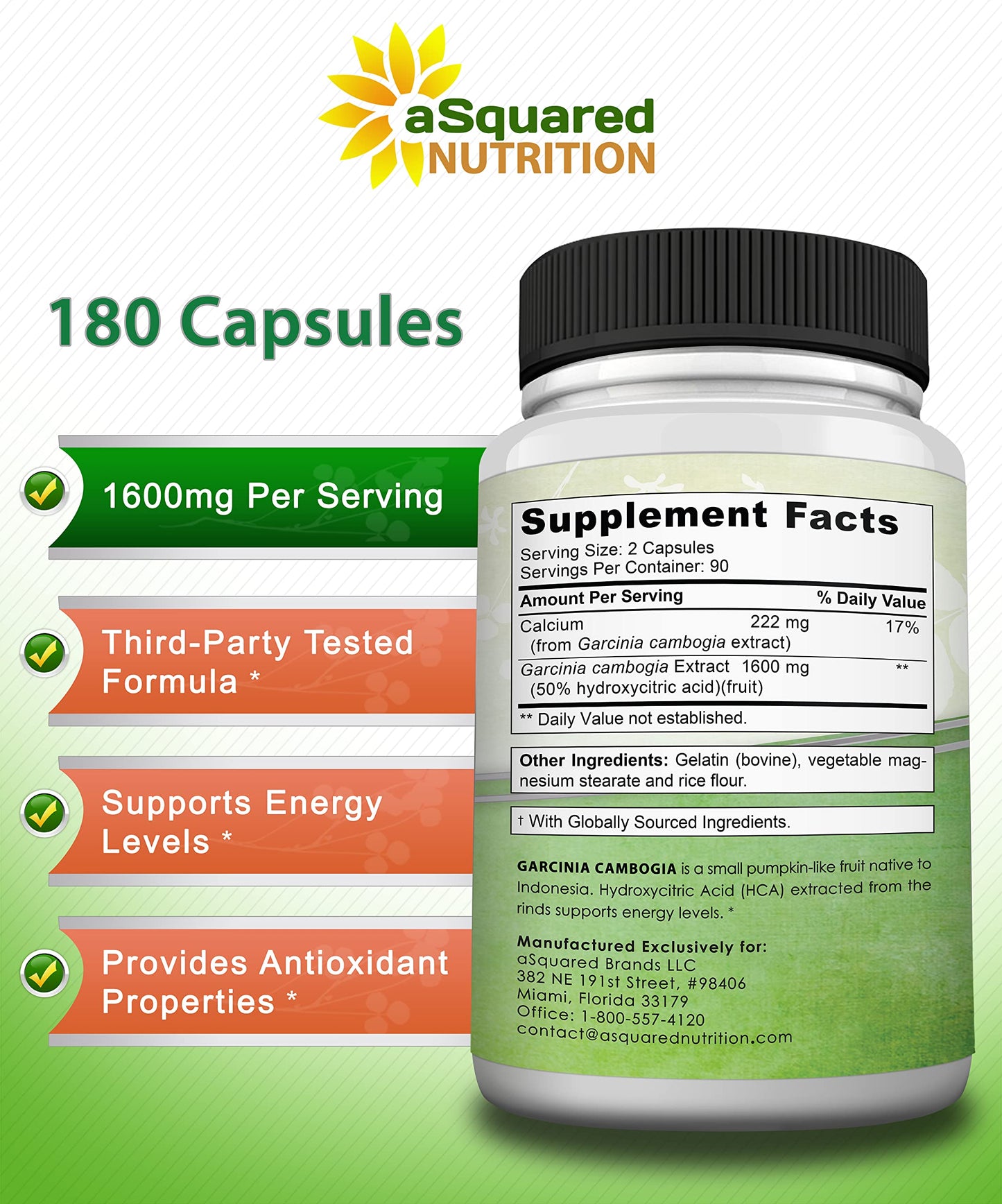 aSquared Garcinia Cambogia 1600mg – 180 Capsules | Ultra HCA