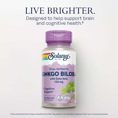 SOLARAY Ginkgo Biloba Extract with Gotu Kola – Brain Health Support, Vegan, Lab Verified, 60 Servings