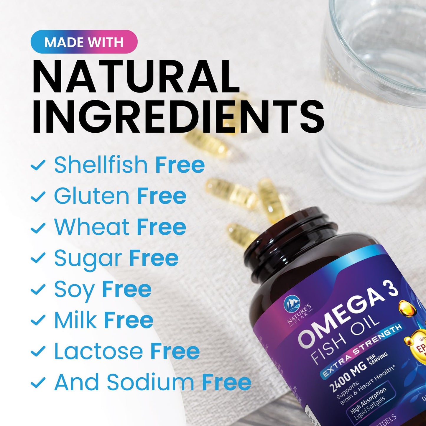 Omega 3 Fish Oil 2400 mg – Triple Strength, Sustainably Sourced | Nature's Peak | 120 Softgels