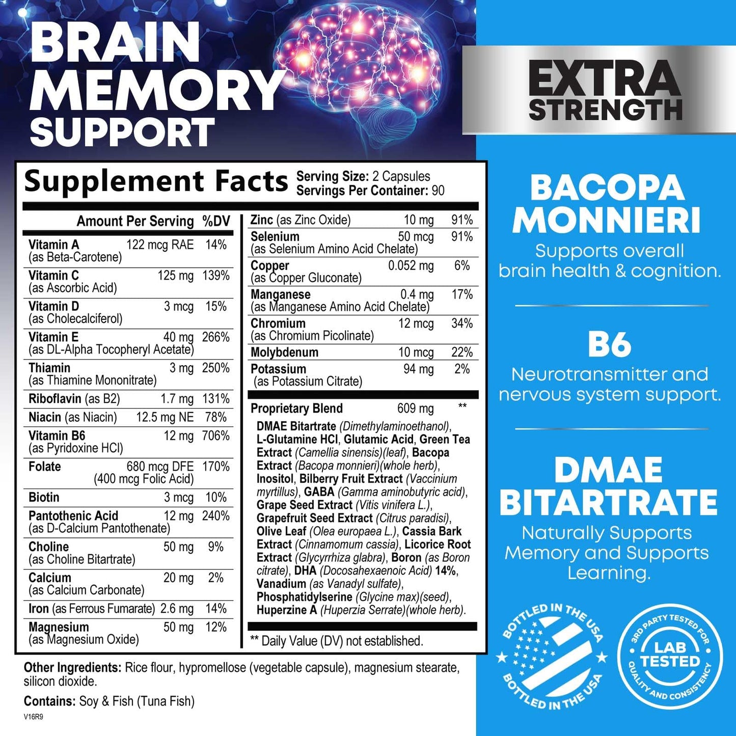 Brain Memory Supplement Pills – 3X Strength Nootropics for Focus (180 Capsules) | Bacopa, Phosphatidylserine & DMAE