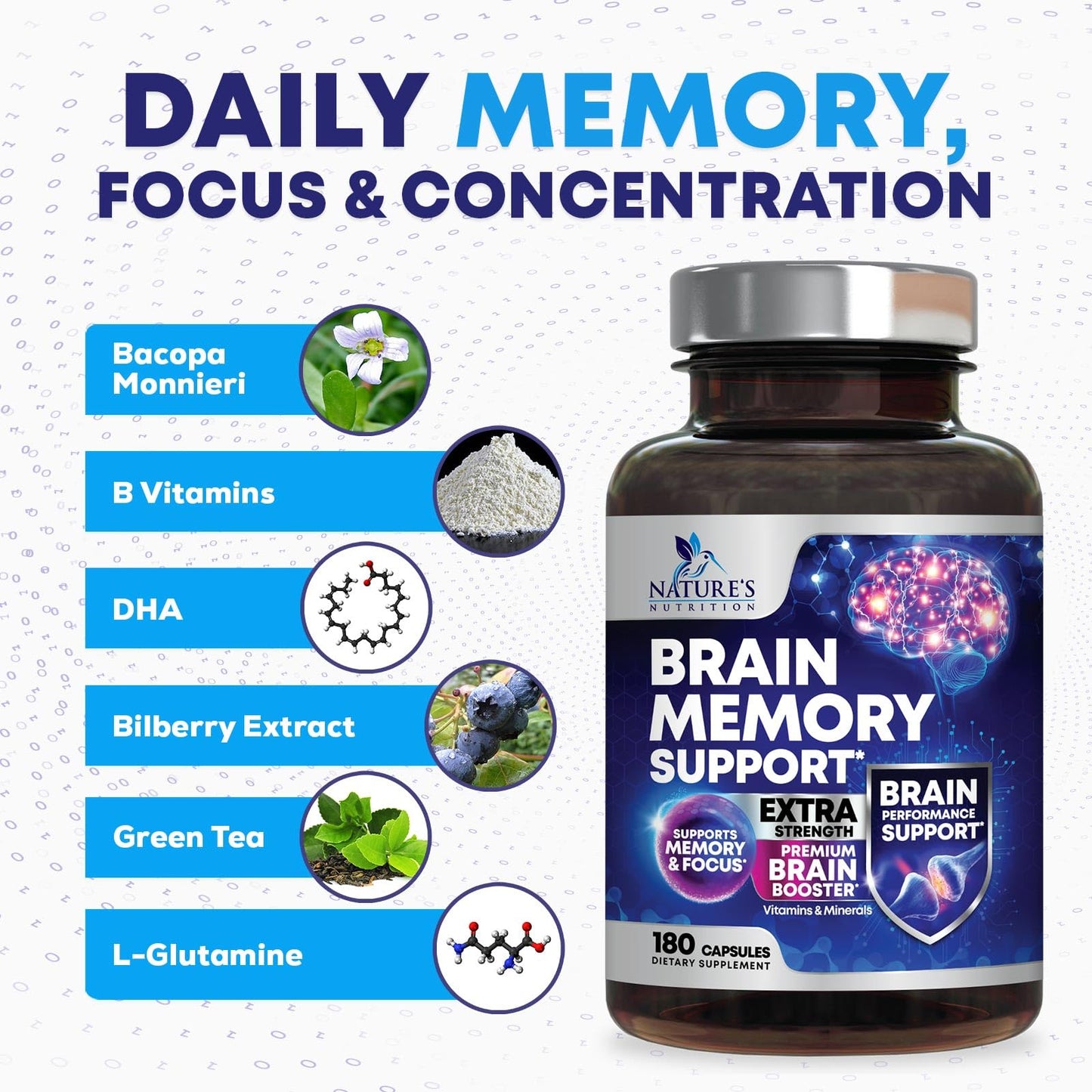 Brain Memory Supplement Pills – 3X Strength Nootropics for Focus (180 Capsules) | Bacopa, Phosphatidylserine & DMAE