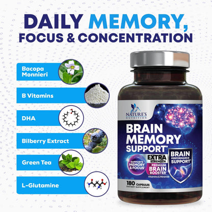 Brain Memory Supplement Pills – 3X Strength Nootropics for Focus (180 Capsules) | Bacopa, Phosphatidylserine & DMAE