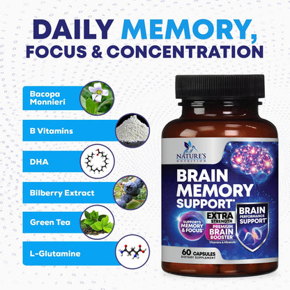 Brain Memory Supplement Pills - 3X Strength Nootropics for Concentration, Clarity & Focus