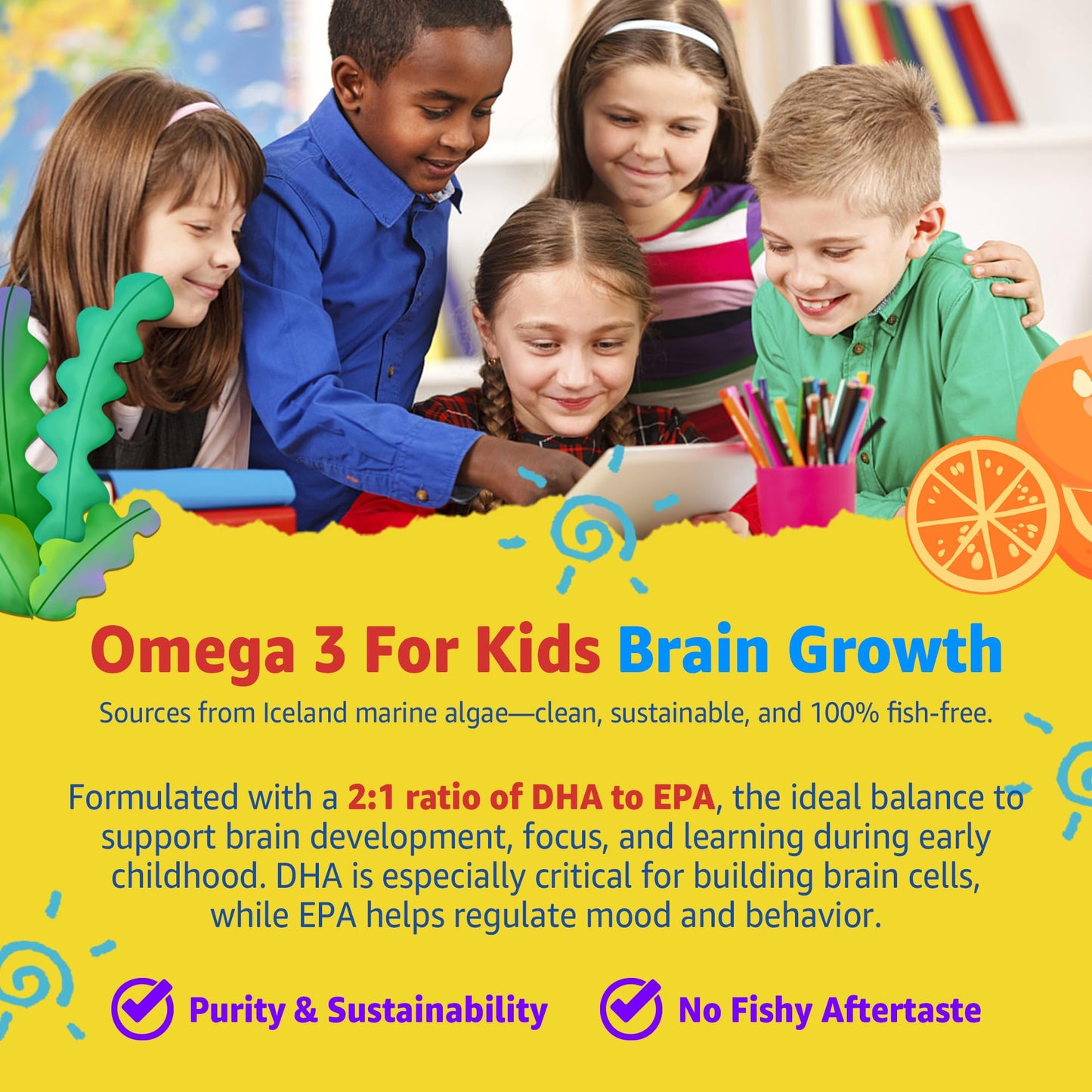 Kids Multivitamin Gummies with Iron – Sugar Free, Probiotics & Omega-3 (60 Count)